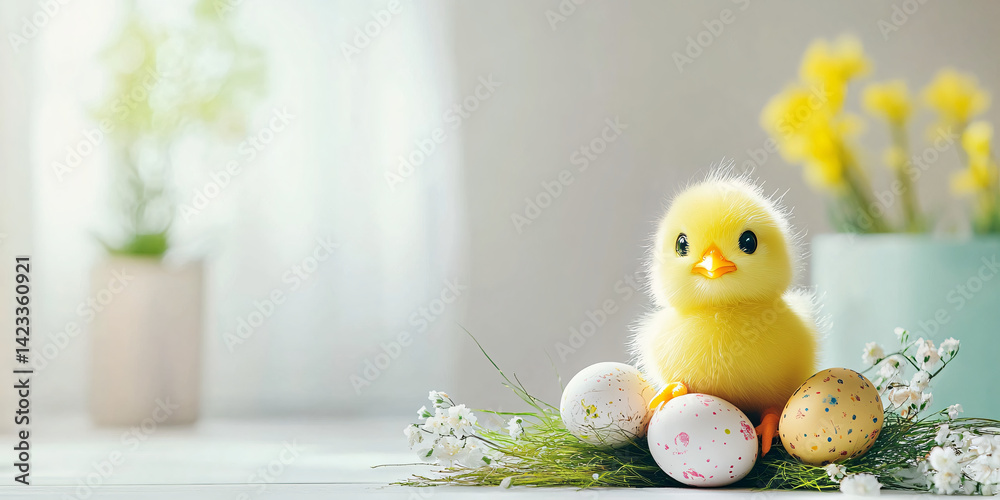 Easter Chick and Eggs: An adorable fluffy yellow chick sits atop a nest of colorful Easter eggs, surrounded by delicate white flowers. A symbol of spring, new life, and the Easter holiday.