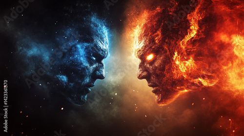 Two opposing elemental faces, one of fire and one of ice, confront each other in a dramatic standoff