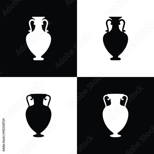 Set Ancient amphorae icon isolated on black and white background. Vector Illustration
