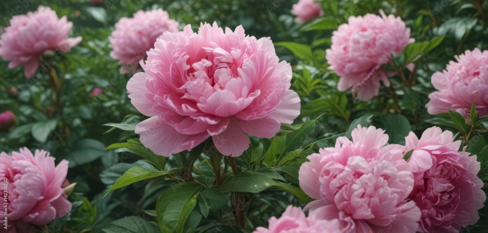 Luscious pink peonies, lush green leaves Close-up view , plant, nature, spring Luscious pink peonies, lush green leaves Close-up view , plant, nature, spring