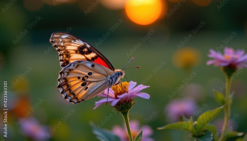 A close up shot of a butterfly resting on a flower at dusk. A close up shot of a butterfly resting on a flower at dusk.