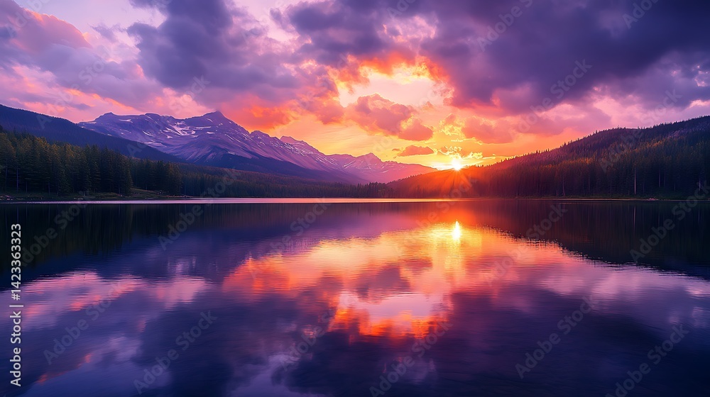 Fototapeta premium Lake Reflecting Dramatic Sky and Mountains at Sunset