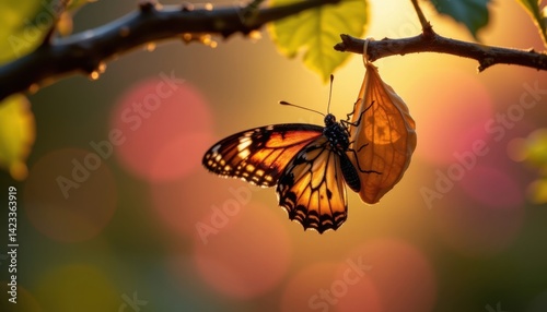 A backlit image of a butterfly emerging from a cocoon against a warm hue.