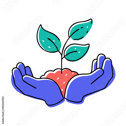 Hands nurturing a small plant with green leaves  