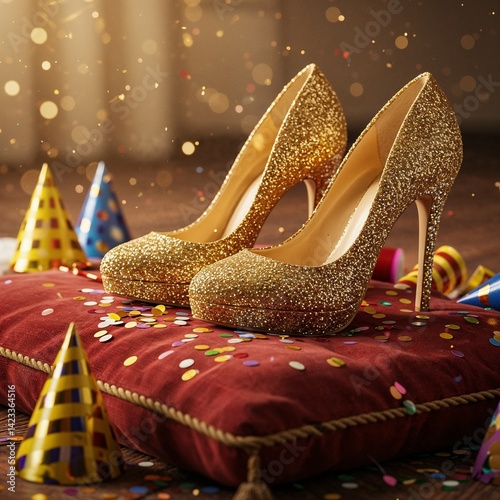 Gold Glitter High Heels on a Decorative Pillow with Party Decorations  