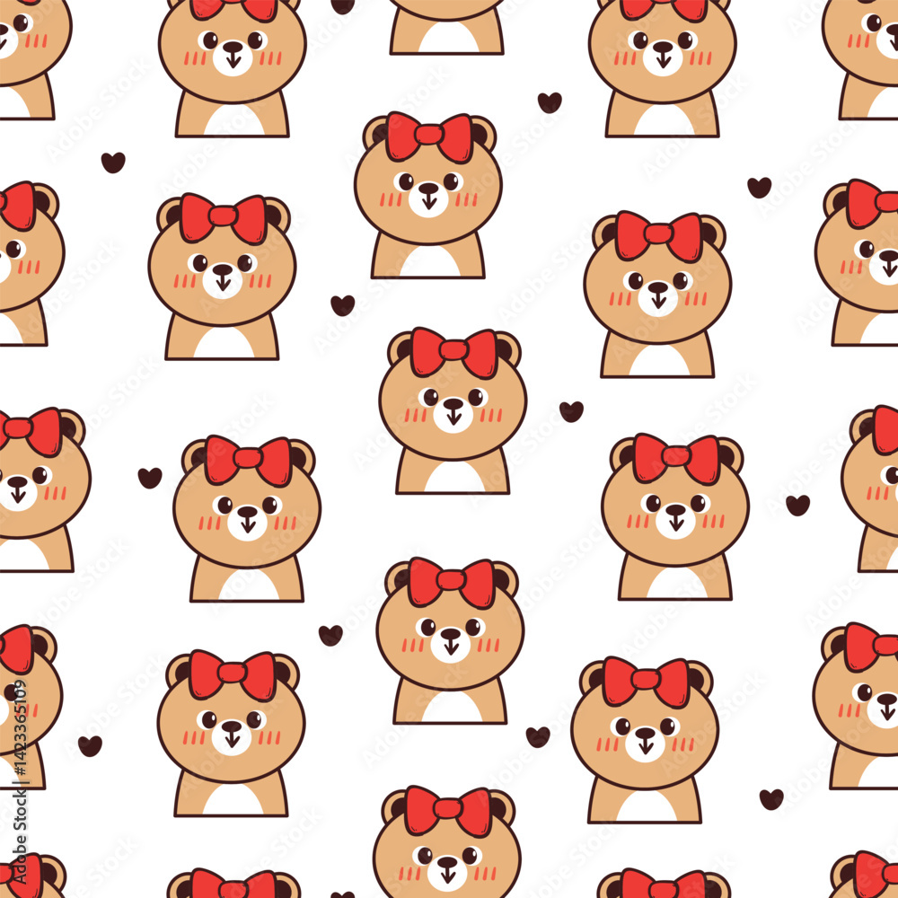 Fototapeta premium seamless pattern cute cartoon bear wearing red bow tie. cute pattern for wallpaper, background and gift wrap paper