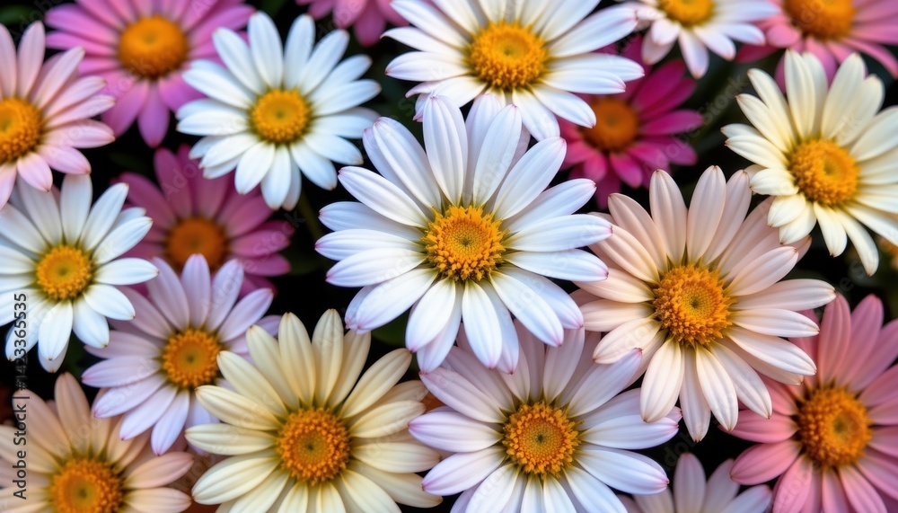 A collection of daisies outlined in black with soft color highlights on each petal. A collection of daisies outlined in black with soft color highlights on each petal.