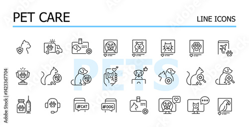 Pet care and social media account. Health, veterinary services and insurance. Vector icons set