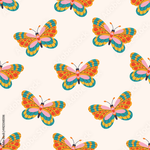 Retro seamless pattern with butterflies. Abstract colorful print of beautiful butterfly. Vintage 60s 70s decorative background. Groovy tropical insects with wings. Flat vector illustration