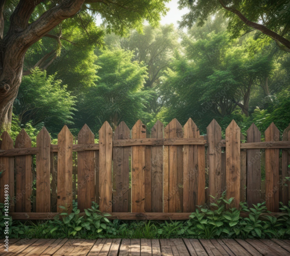 Naklejka premium Rustic wooden fence, park poster mockup, lush greenery, display, park, trees