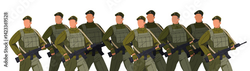 March of armed forces, soldiers. Army, troop of servicemen, military defense is on war parade. Infantry group in uniform, warriors with firearm weapon, gun are walking. Flat vector illustration