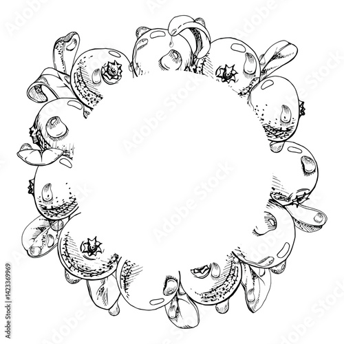 Cranberry lingonberry with water dew drops and green leaves, vector hand drawn in ink, ripe forest berry bearberry teaberry wintergreen. Isolated circle wreath frame. Dessert cafe menu, farmers market