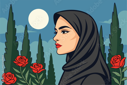 Elegant Floral Hijab Woman Illustration Modern Islamic Art Portrait