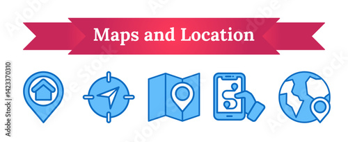Navigation, maps and location vector icon sheet blue fill