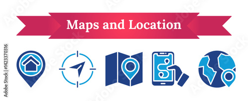 Navigation, maps and location vector icon sheet dual tone