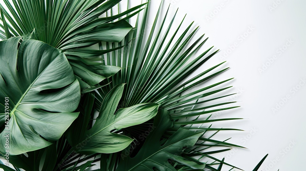 Top view of tropical palm leaves branch and swiss cheese plant isolated on white background with copy space.