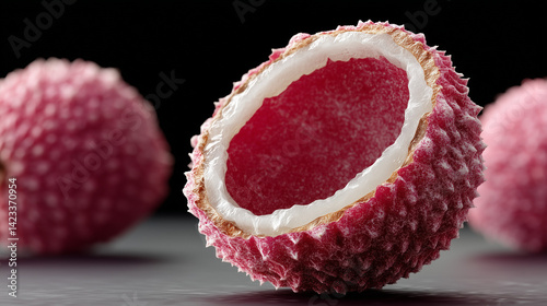 Lush Lychee Delight: A close-up shot reveals the vibrant textures of fresh lychees, revealing a tempting fruit, inviting the viewer with its juicy appeal.
