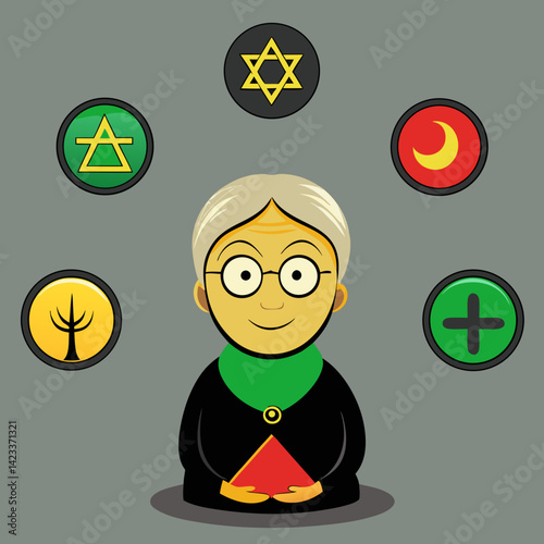  Cartoon woman with book surrounded by religious symbols