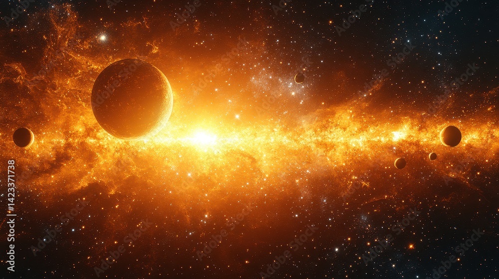 Obraz premium Fiery galactic expanse with celestial bodies.