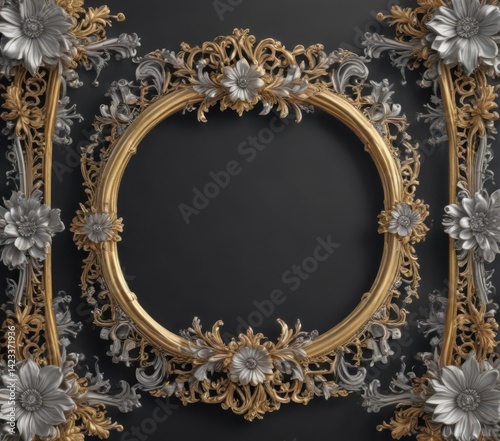 Intricate gold & silver floral frames; vintage elegance , leaf, illustration
