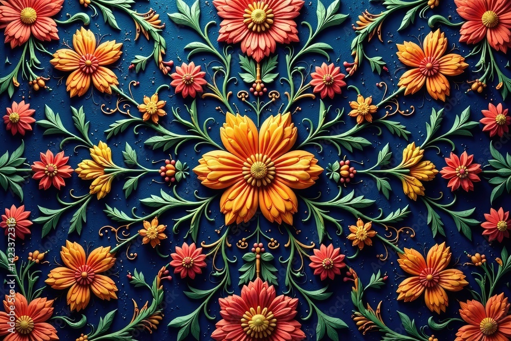 Intricate floral textile design, repeating motif , seamless, illustration, design