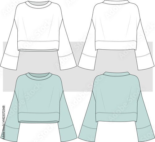 Women Long Sleeves Crop Sweatshirt fashion flat sketch template, illustration. Girls Technical Fashion Illustration front and back view hoodie, sweatshirt drawing, cad, mockup.	