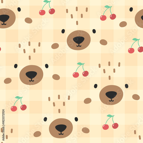 Kawaii bear seamless pattern featuring berry and gingham in a cozy style. Ideal for textile, wrapping, and baby-themed products