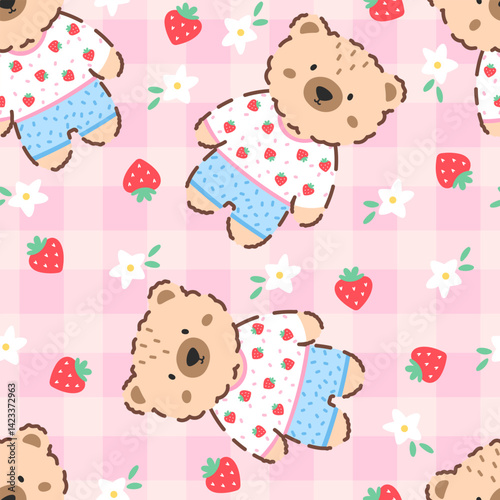 Kawaii bear seamless pattern featuring berry and gingham in a cozy style. Ideal for textile, wrapping, and baby-themed products
