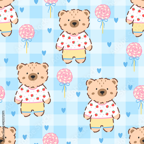 Kawaii bear Seamless pattern with gingham bg. Cute pastel vector design for baby textiles, wrapping paper, and children clothing