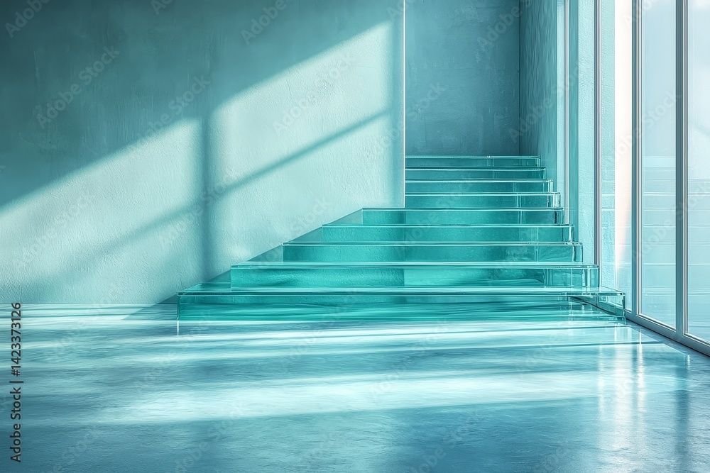 Fototapeta premium Minimalist scene with clear glass sheets floating on water, abstract design with light blue and teal hues, serene atmosphere, transparent rectangular shapes, calming simplicity.