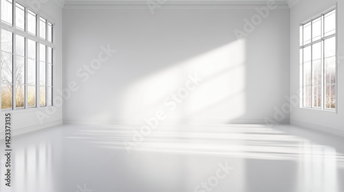 Empty Room with Windows Minimalist Bright Sunlight Wide Angle Shot Reflective Floor Sunlight Display Clean Modern Style Ideal for Real Estate Listings