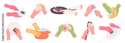Hands washing dishes. Clean glasses and cup, plates and pan. Human hand in rubber gloves hold sponges brush, wash crockery after cooking, racy vector set