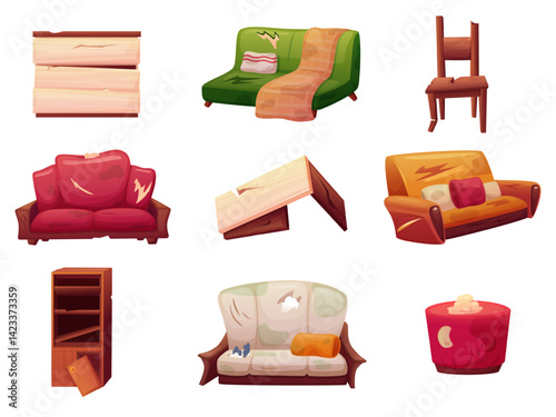 Damaged furniture. Old broken chair, wooden wardrobe and table, soft sofa and couch. Messy damage room interior elements, cartoon nowaday vector set