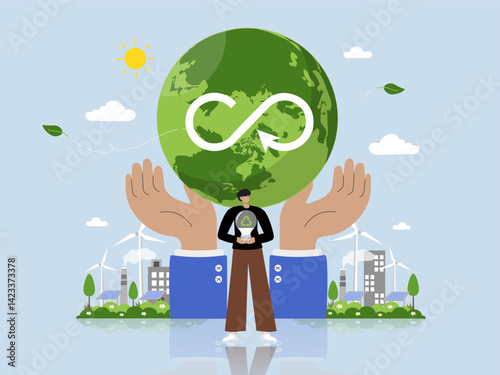 Global Sustainability Community Efforts Captured in a Vector Illustration