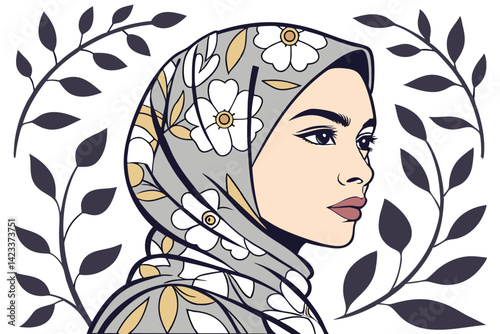 Elegant Floral Hijab Woman Illustration Modern Islamic Art Portrait