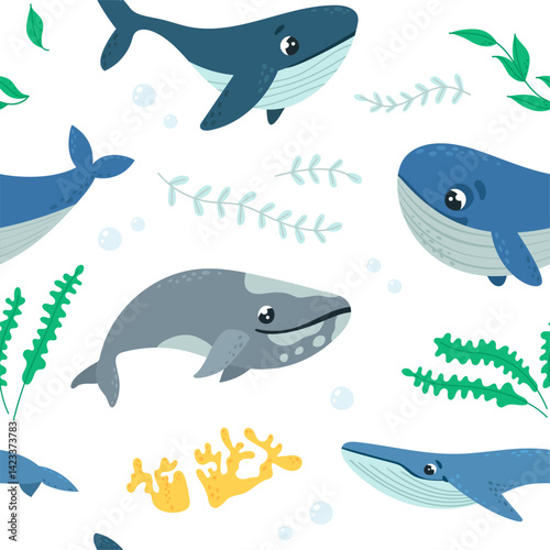 Cartoon whale seamless pattern. Ocean inhabitants, underwater whales and nature elements. Sea style print design, nautical classy vector background