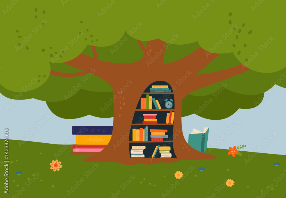 Fototapeta premium Forest library. Fairy tale landscape with oak tree and book shelves in hollow. Educational concept, study, learning. Cartoon meadow, vector background