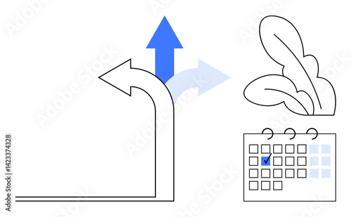 Curved arrows indicating choices, bold leaf representing environmental balance, calendar with a marked date for goal setting. Ideal for planning, scheduling, time management, decision-making