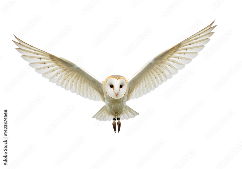 Naklejka premium Barn Owl in Flight: A Majestic White Owl Soaring on Transparent background