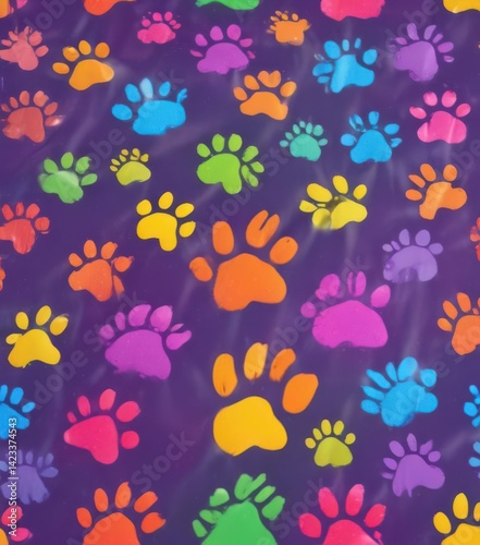 Joyful rainbow dog paw prints, continuous repeating design,  colorful paws,  vector,  bright
