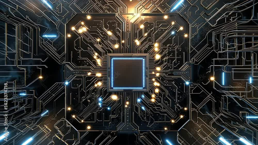An ultra modern microprocessor chip with a sleek metallic design, futuristic micro chip on a motherboard, cutting edge AI processor, Metallics style, tech innovation