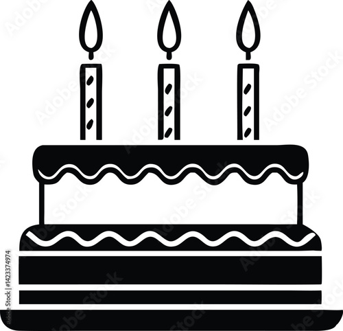 Birthday Cake Silhouette Icon – Black Layered Dessert with Candles