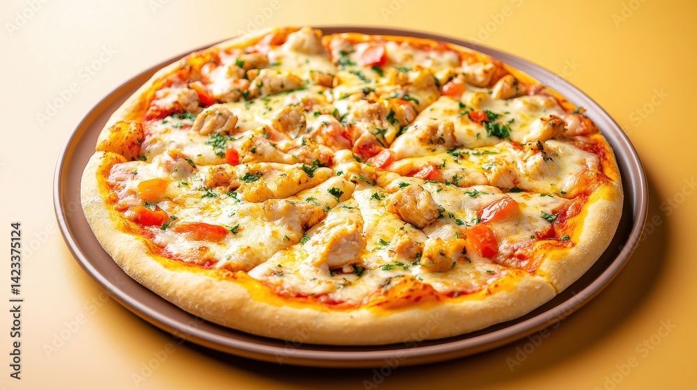 Delicious pizza topped with chicken, vegetables, and herbs on a golden plate ready for serving Delicious pizza topped with chicken, vegetables, and herbs on a golden plate ready for serving