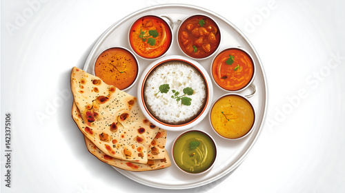 vector plate of Indian food with rice, curry, naan, and chutneys