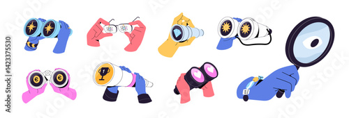Set of binoculars in hands. People look for with magnifier, search for with telescope, seek, observe through magnifying glass. Curiosity, discovery concept. Flat isolated vector illustrations on white
