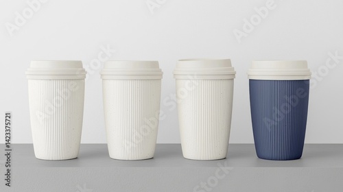 Wallpaper Mural Four disposable coffee cups, three plain white and one dark navy blue Torontodigital.ca