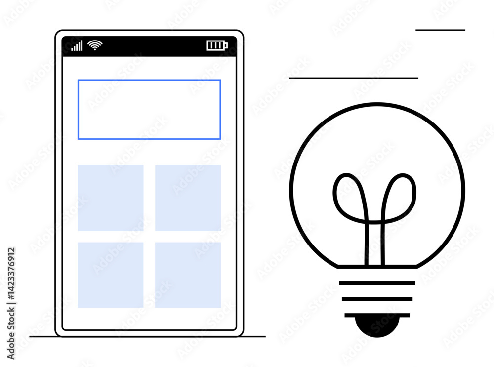 Smartphone with a grid layout beside a light bulb, representing innovation, technology, creativity, app development, user interface, digital solutions, inspiration. Ideal for flat simple metaphor Smartphone with a grid layout beside a light bulb, representing innovation, technology, creativity, app development, user interface, digital solutions, inspiration. Ideal for flat simple metaphor