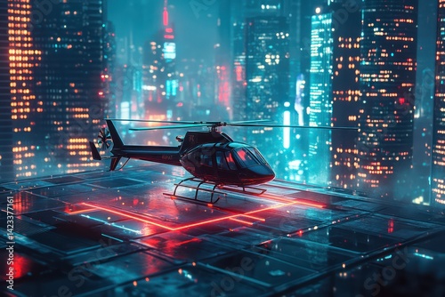 Futuristic city helicopter night flight