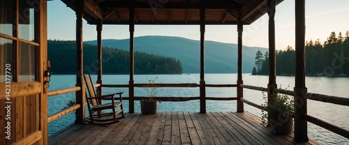 Lake cabin porch morning silence wide angle panoramic view horizontal symmetric background