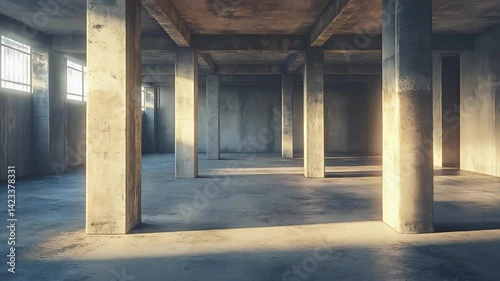 Wallpaper Mural Sunlight streaming through windows in an empty concrete room with pillars casting shadows Torontodigital.ca